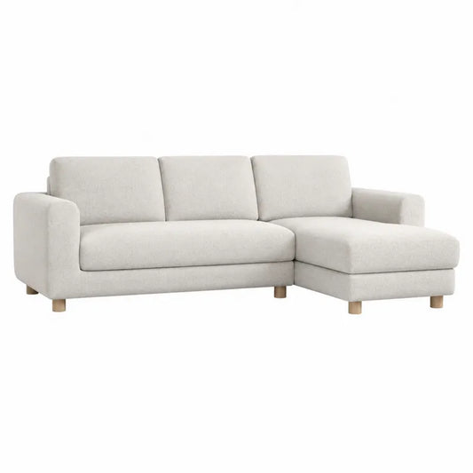 Sofa narożna 3-osobowa lniana beżowa z drewnianymi nogami